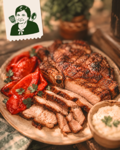 Ceafă de porc la grătar cu ardei copți și mujdei, rețeta Lenuței